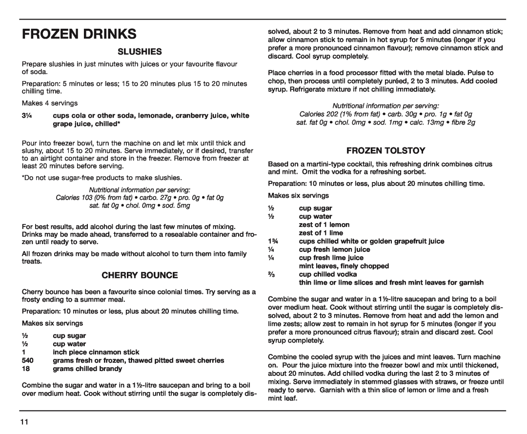 Cuisinart ICE-40A manual Frozen Drinks, Slushies, Cherry Bounce, Frozen Tolstoy, Nutritional information per serving 