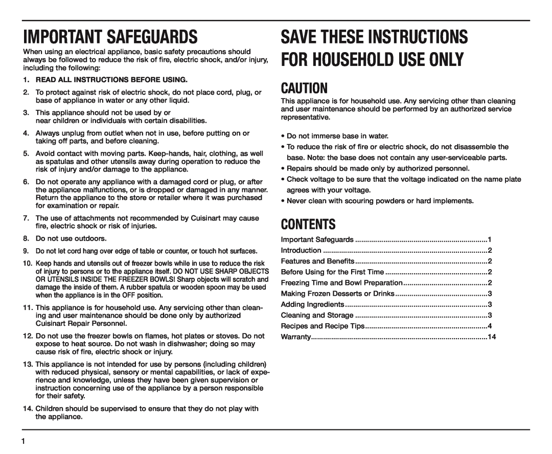 Cuisinart ICE-40A manual Contents, Important Safeguards, Save These Instructions For Household Use Only 