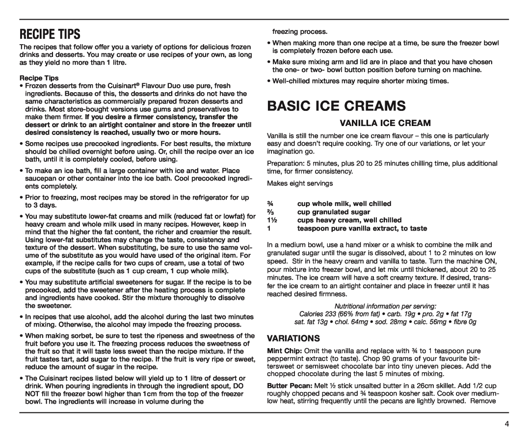 Cuisinart ICE-40A manual Recipe Tips, Basic Ice Creams, Vanilla Ice Cream, Variations, Nutritional information per serving 