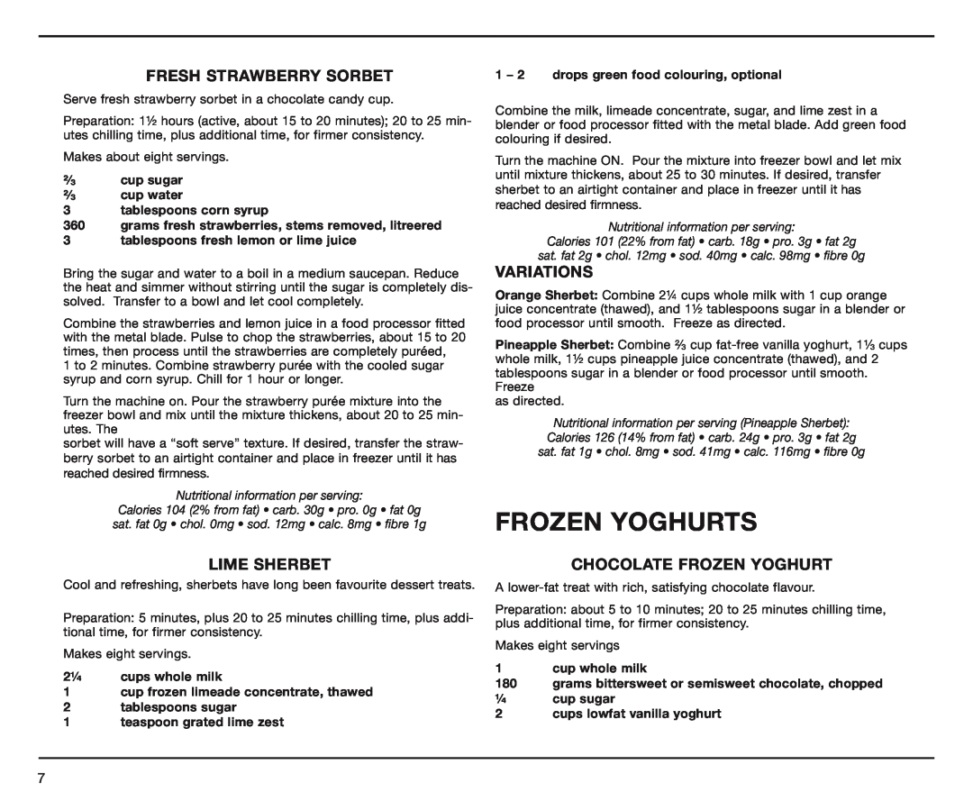 Cuisinart ICE-40A manual Frozen Yoghurts, Fresh Strawberry Sorbet, Lime Sherbet, Chocolate Frozen Yoghurt, Variations 