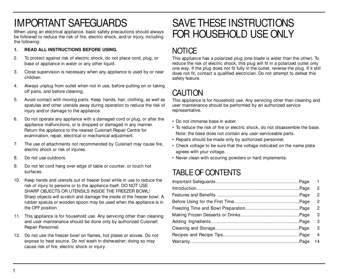 Cuisinart ICE-40BKC manual Save These Instructions for Household USE only, Table of Contents 