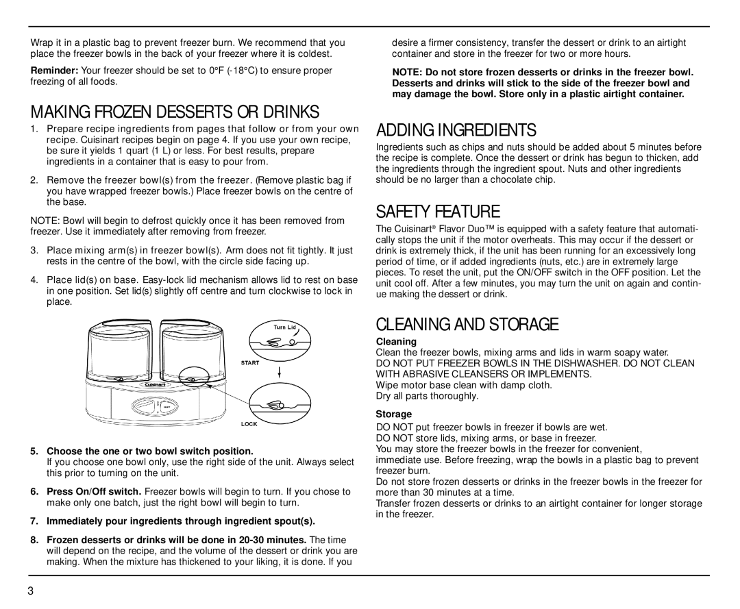 Cuisinart ICE-40BKC manual Adding Ingredients, Safety Feature, Cleaning and Storage 