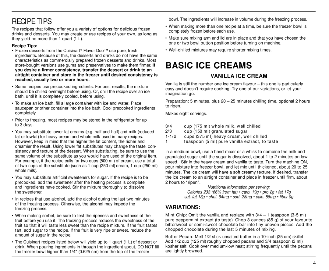 Cuisinart ICE-40BKC manual Recipe Tips, Basic ICE Creams, Vanilla ICE Cream, Variations 