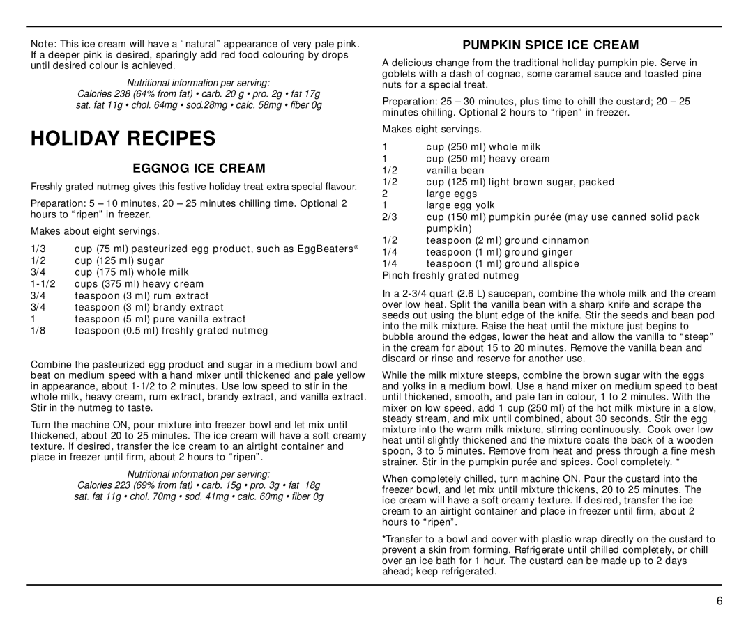 Cuisinart ICE-40BKC manual Holiday Recipes, Eggnog ICE Cream, Pumpkin Spice ICE Cream 