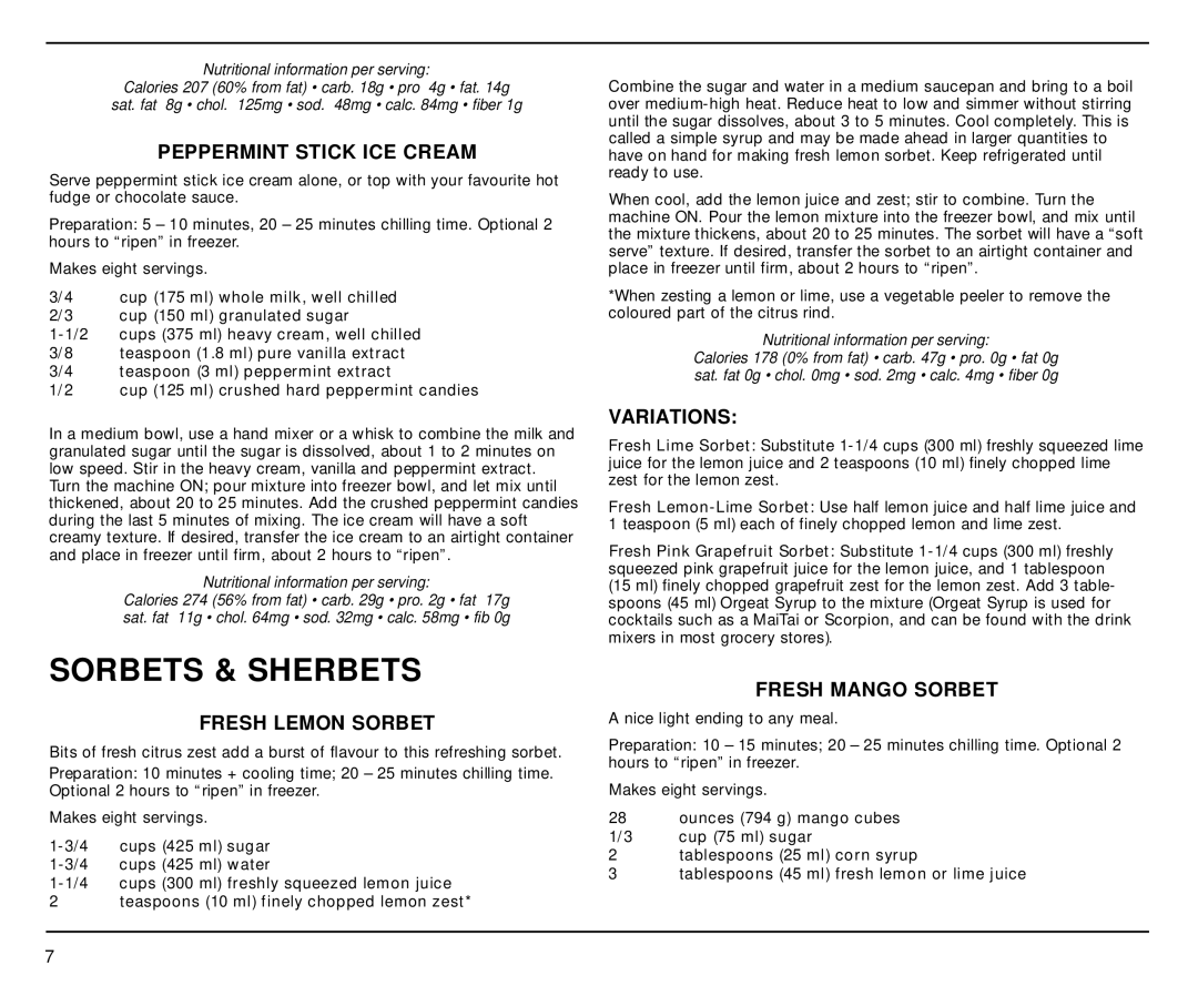 Cuisinart ICE-40BKC manual Sorbets & Sherbets, Peppermint Stick ICE Cream, Fresh Lemon Sorbet, Fresh Mango Sorbet 