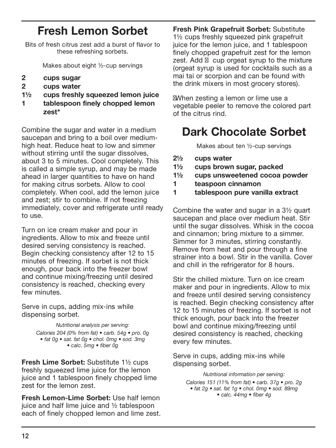 Cuisinart ICE-45 manual Fresh Lemon Sorbet, Dark Chocolate Sorbet 