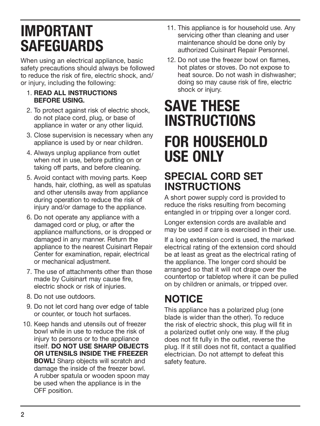 Cuisinart ICE-45 manual Safeguards, Special Cord SET Instructions 