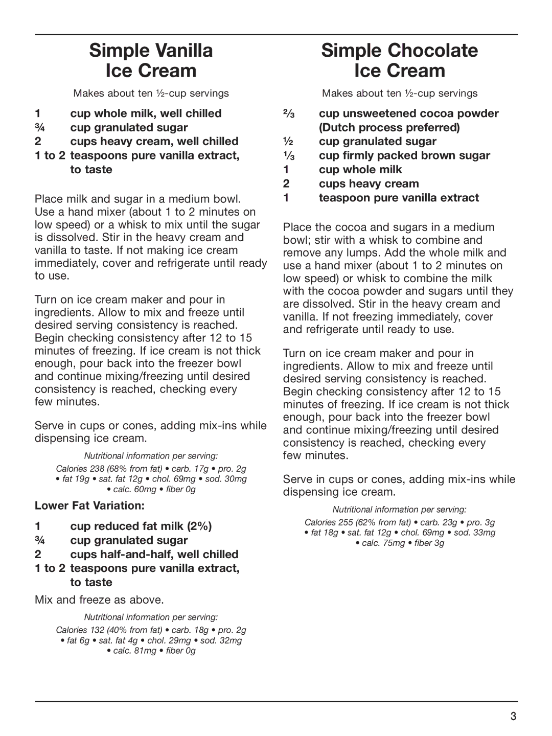 Cuisinart ICE-45 manual Simple Vanilla Ice Cream, Simple Chocolate 