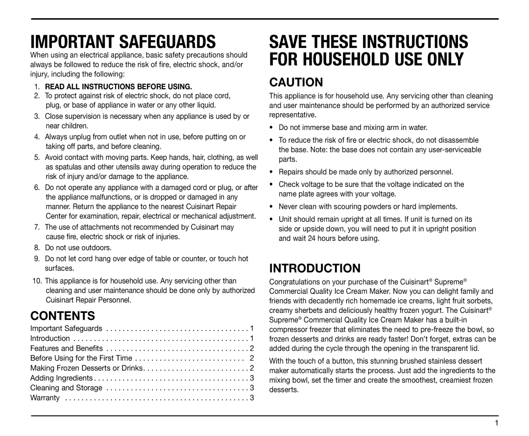 Cuisinart ICE-50BC manual Contents, Introduction 