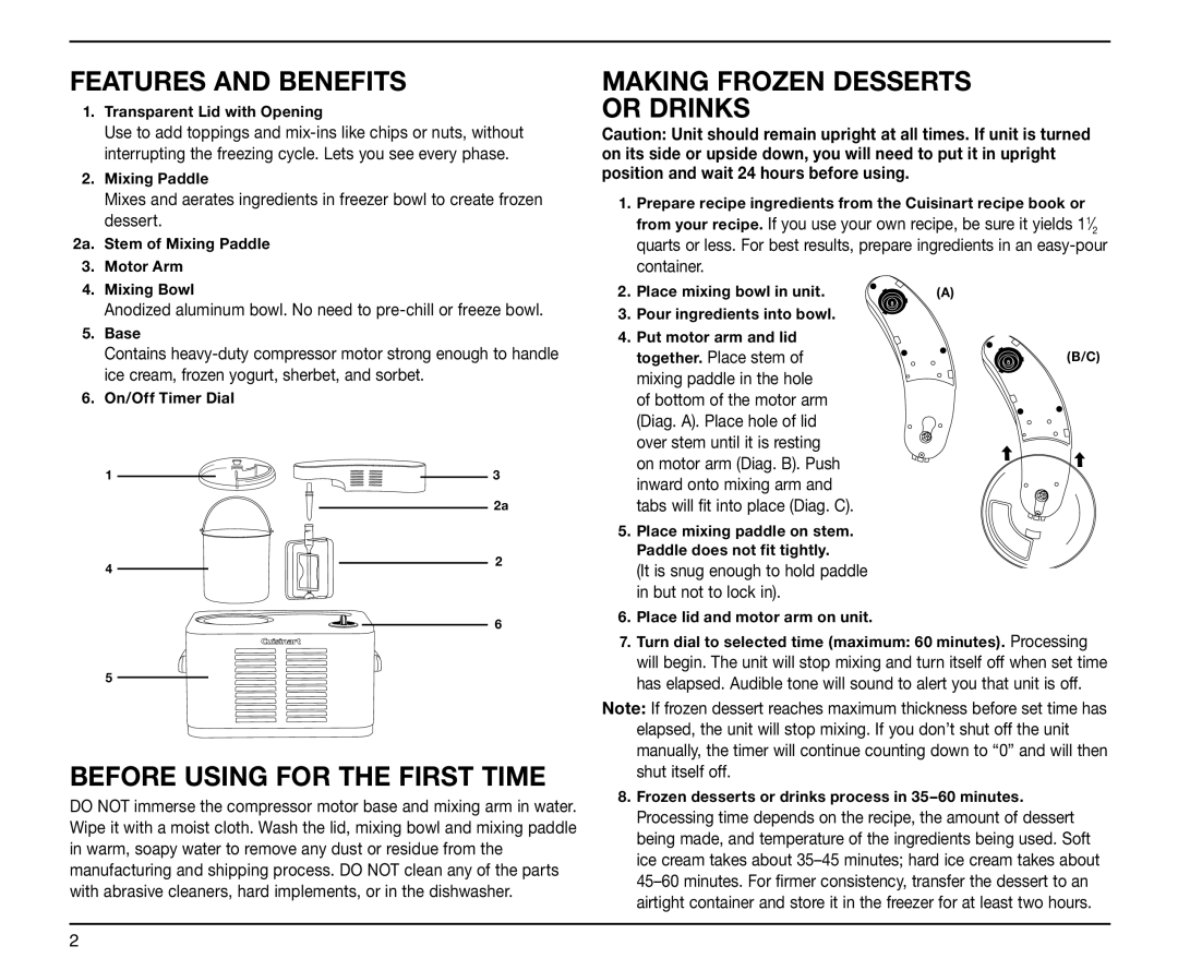 Cuisinart ICE-50BC manual Features and Benefits, Before Using for the First Time, Making Frozen Desserts Or Drinks 