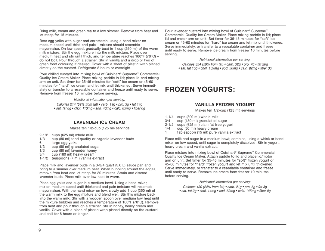 Cuisinart ICE-50BCC Series manual Frozen Yogurts, Lavender ICE Cream, Vanilla Frozen Yogurt 