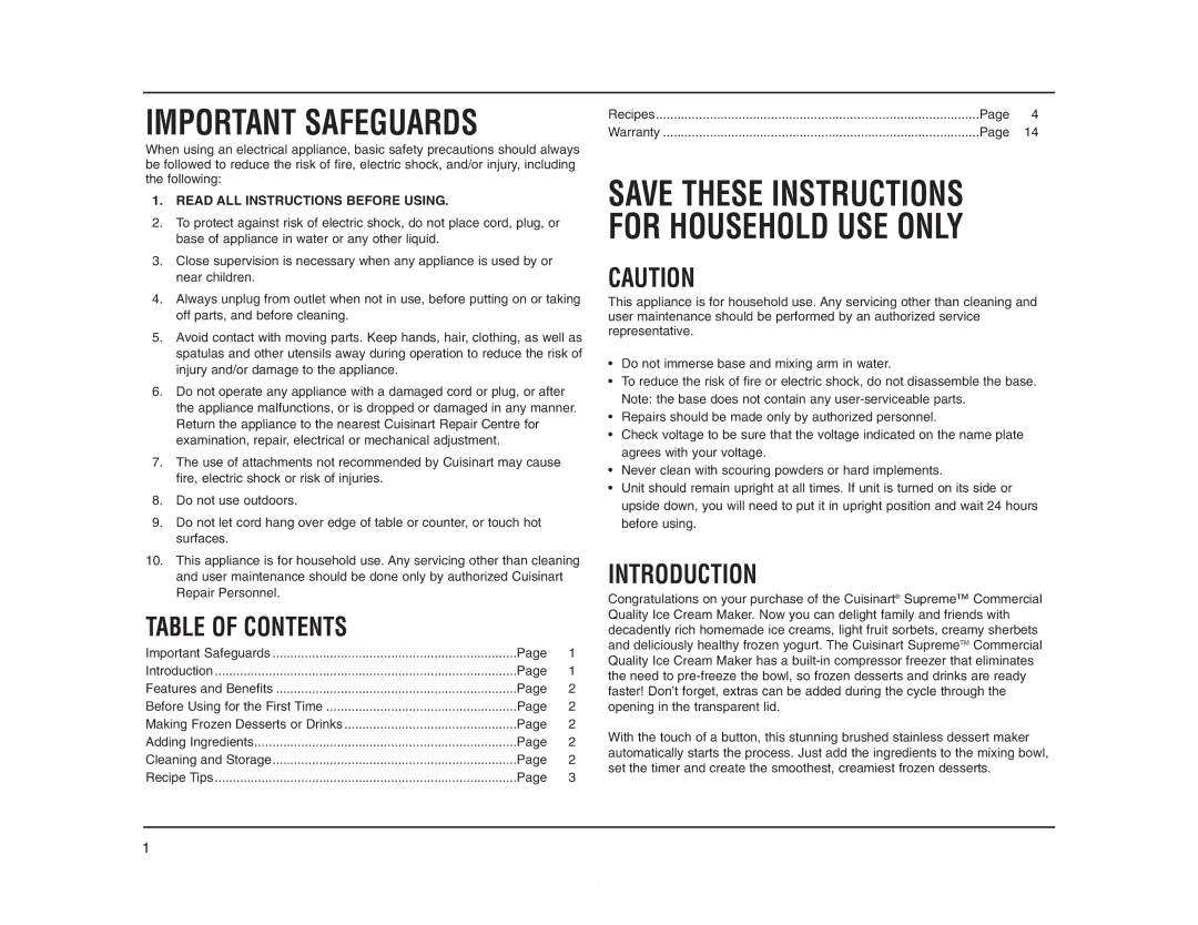 Cuisinart ICE-50BCC Series manual Table of Contents, Introduction 