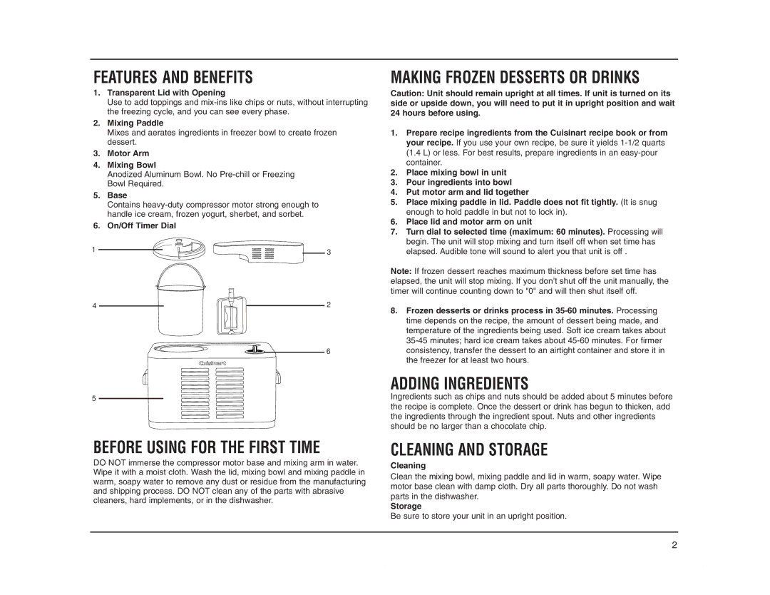 Cuisinart ICE-50BCC Series manual Features and Benefits, Before Using for the First Time, Making Frozen Desserts or Drinks 