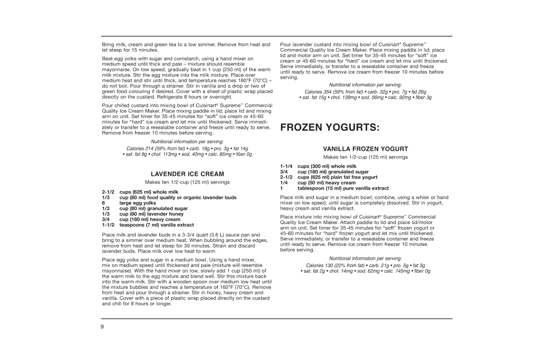 Cuisinart ICE-50BCC manual Frozen Yogurts, Lavender ICE Cream, Vanilla Frozen Yogurt 