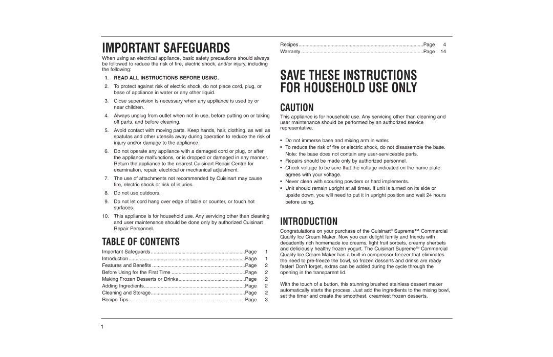 Cuisinart ICE-50BCC manual Save These Instructions for Household USE only, Table of Contents, Introduction 