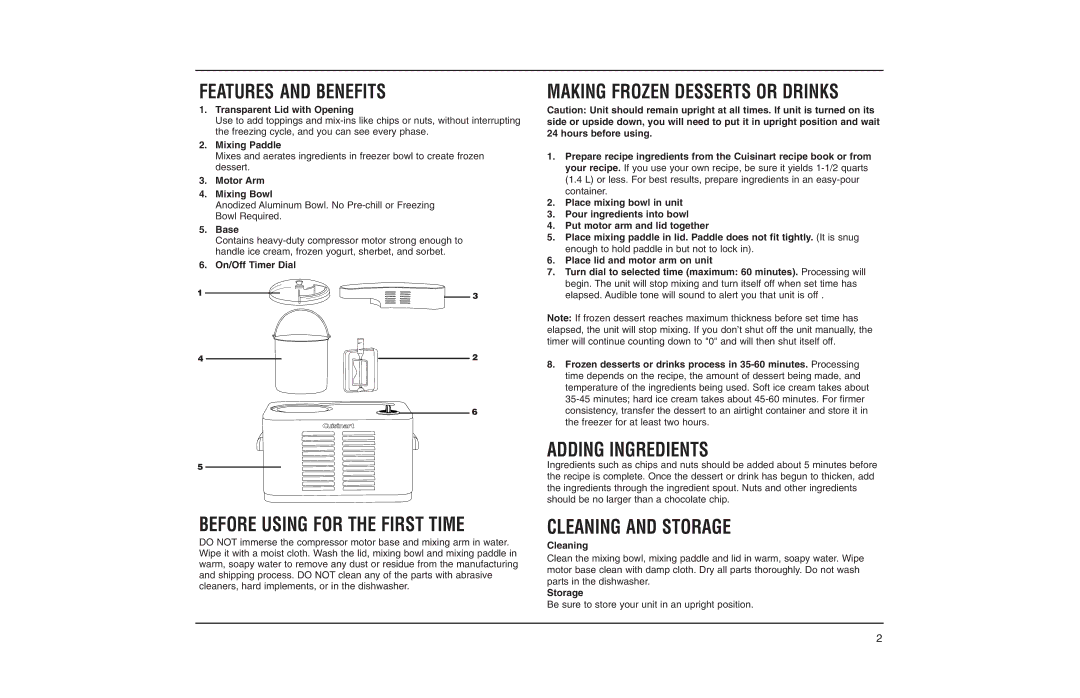 Cuisinart ICE-50BCC manual Features and Benefits, Before Using for the First Time, Making Frozen Desserts or Drinks 