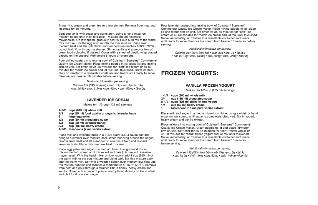 Cuisinart ICE-50BCC manual Frozen Yogurts, Lavender Ice Cream, Vanilla Frozen Yogurt 