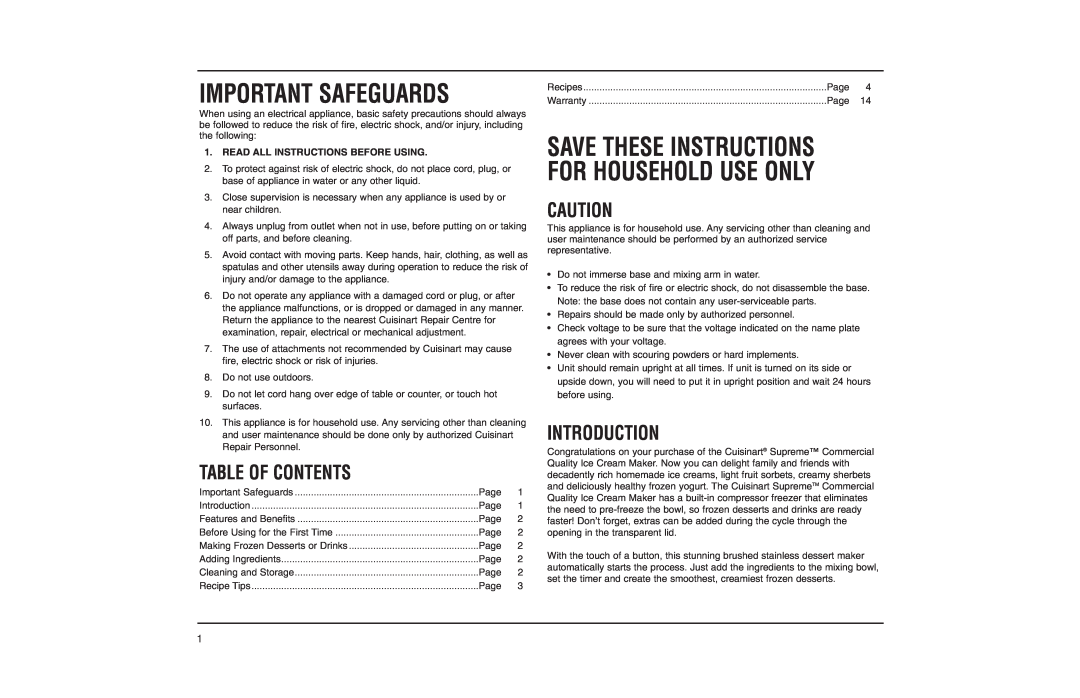 Cuisinart ICE-50BCC Save These Instructions For Household Use Only, Table Of Contents, Introduction, Important Safeguards 