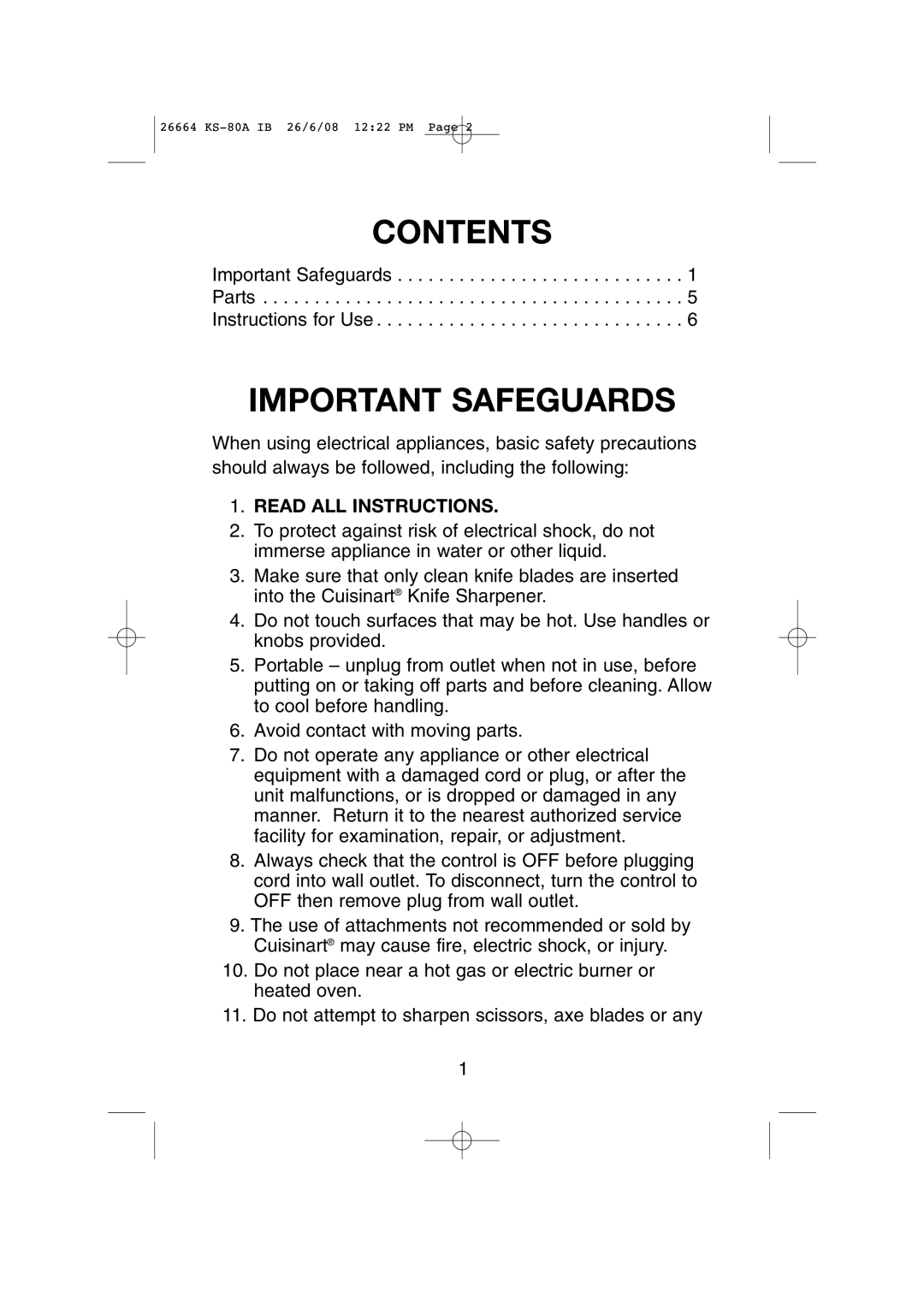 Cuisinart KS-80A manual Contents 