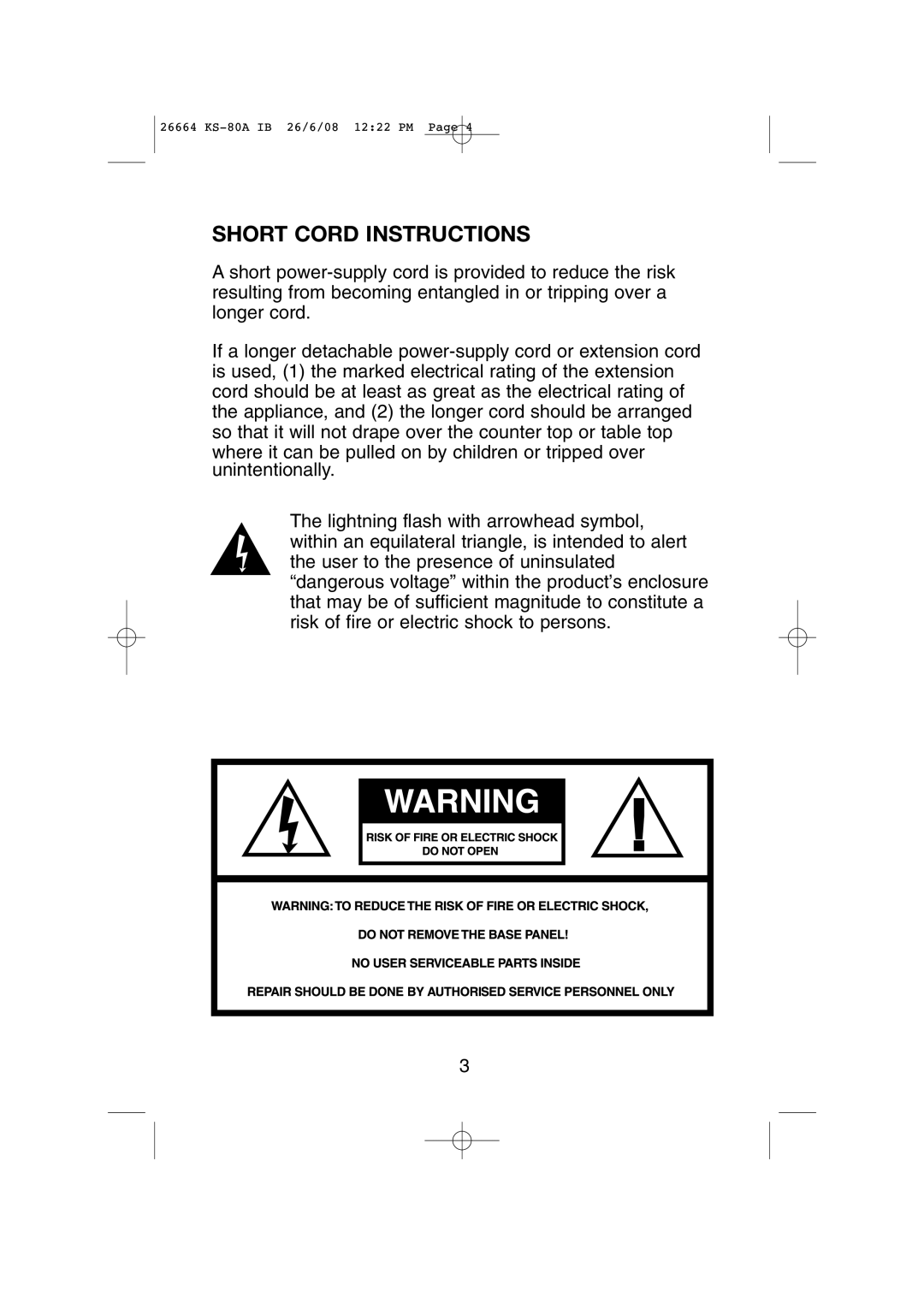 Cuisinart KS-80A manual Short Cord Instructions 