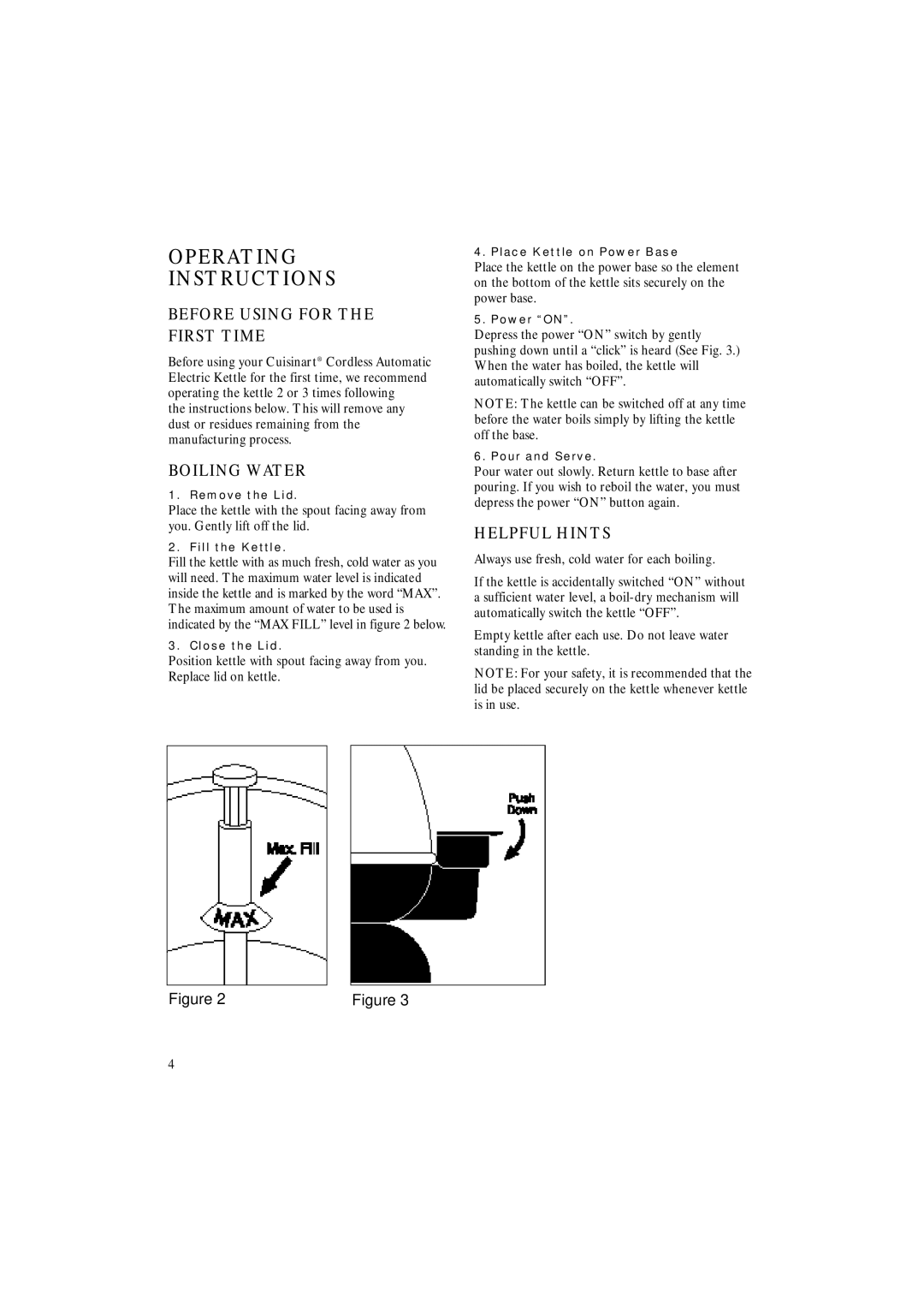 Cuisinart KUA-17C manual Operating Instructions, Always use fresh, cold water for each boiling 