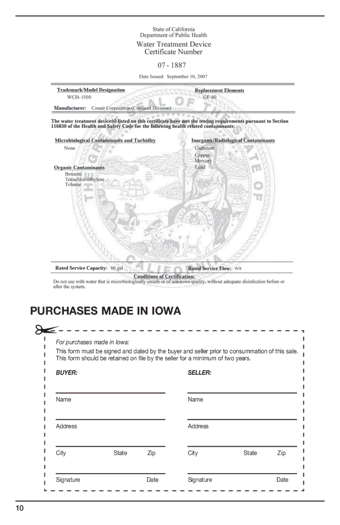 Cuisinart IB-8896B, KWE0003IB-1B1, WCH-1500 manual Purchases Made in Iowa 