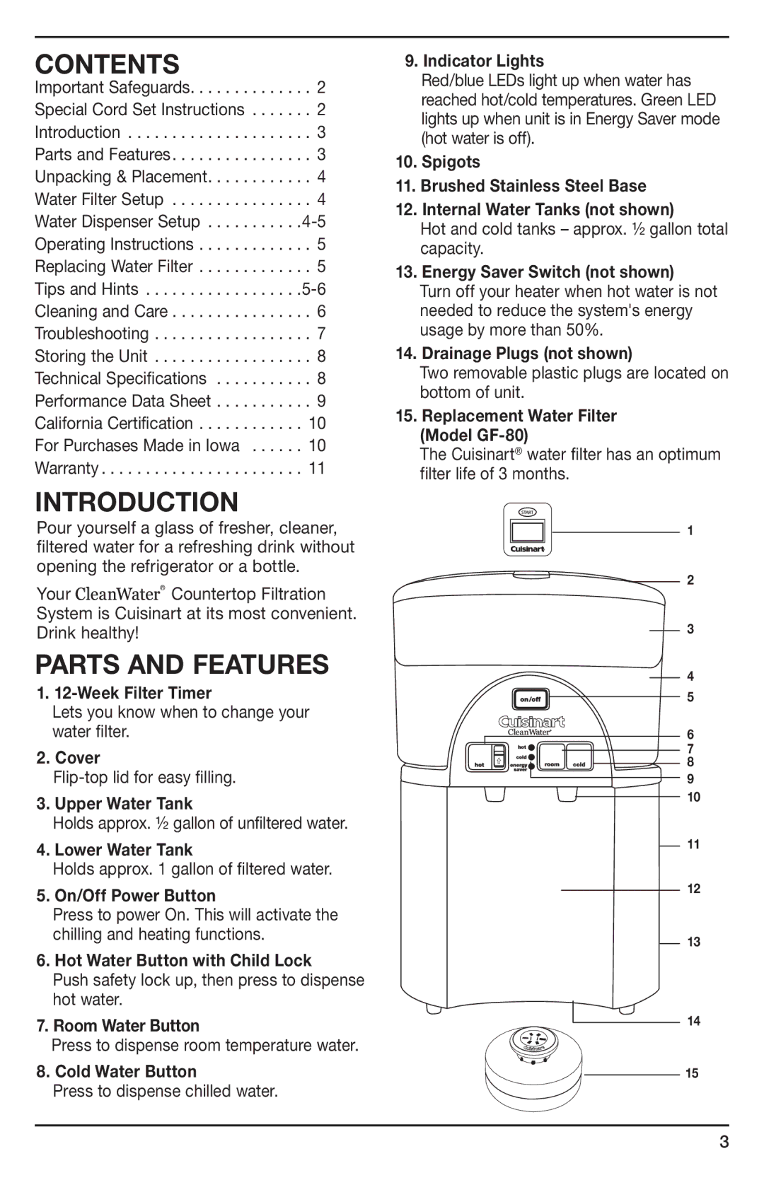 Cuisinart KWE0003IB-1B1, IB-8896B, WCH-1500 manual Contents, Introduction, Parts and Features 