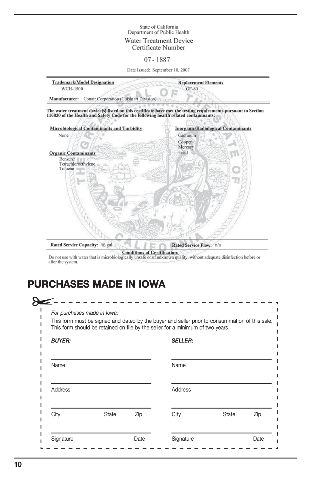 Cuisinart IB-8896B Purchases Made In Iowa, For purchases made in Iowa, Buyer:Seller, Name, Address, City, State, Signature 