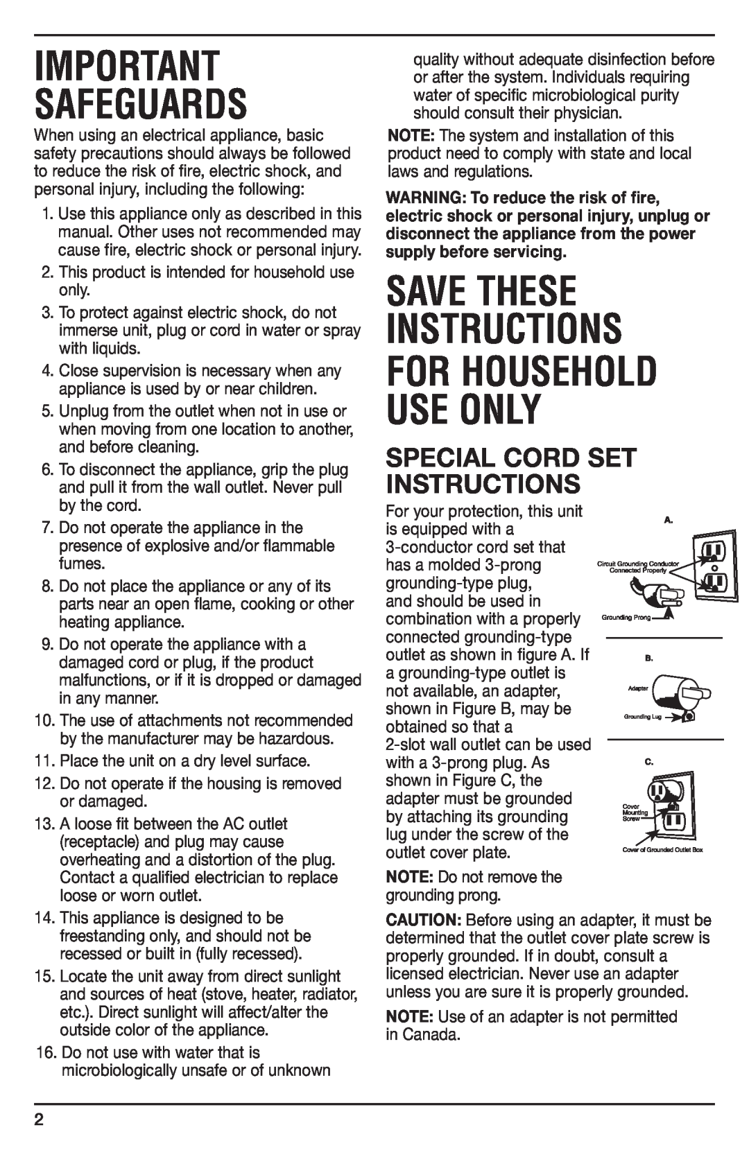 Cuisinart WCH-1500, IB-8896B Special Cord Set Instructions, Safeguards, Save These Instructions For Household Use Only 