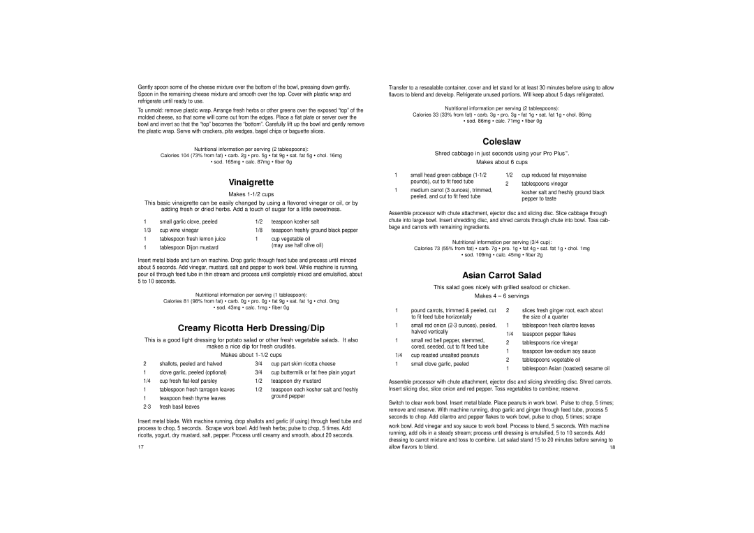 Cuisinart LPP manual Vinaigrette, Coleslaw, Asian Carrot Salad, Creamy Ricotta Herb Dressing/Dip 