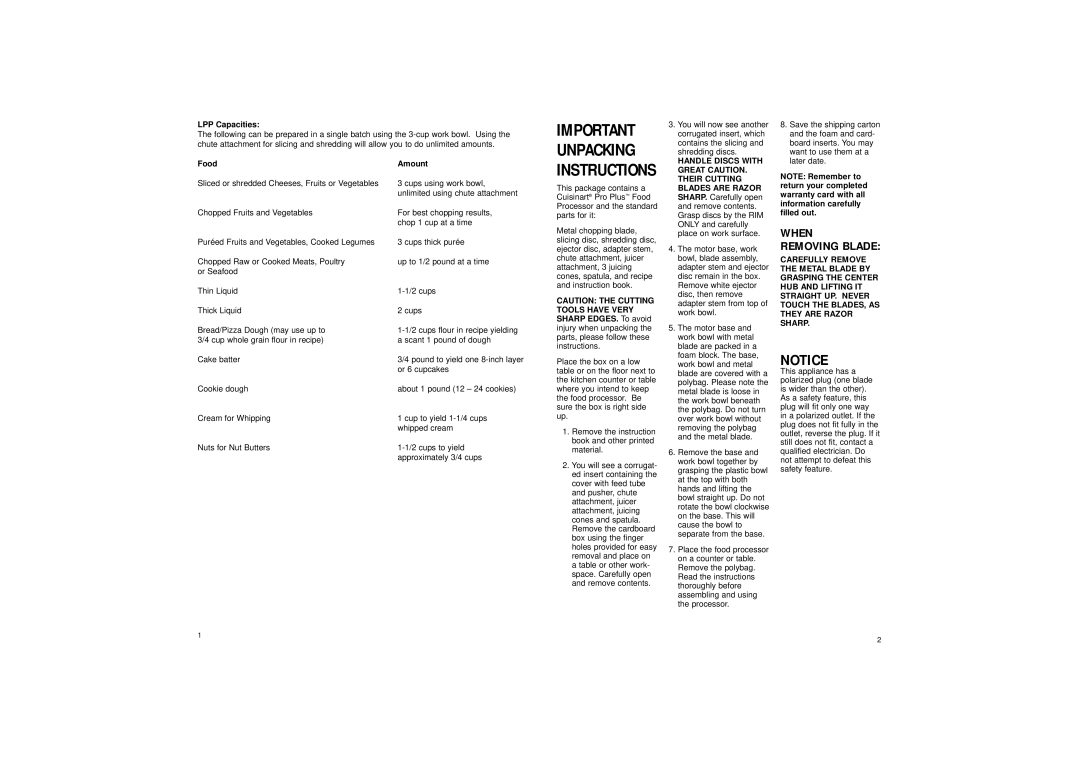 Cuisinart manual When, LPP Capacities, Food Amount 