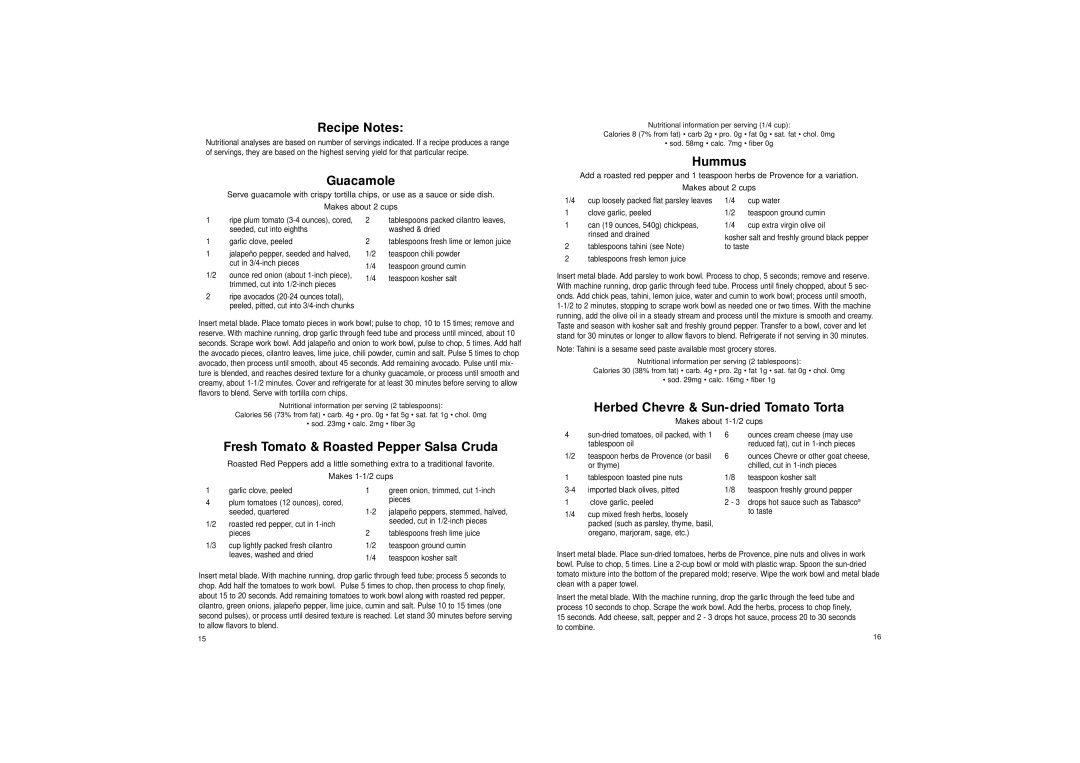 Cuisinart LPP manual Recipe Notes, Guacamole, Hummus, Fresh Tomato & Roasted Pepper Salsa Cruda 