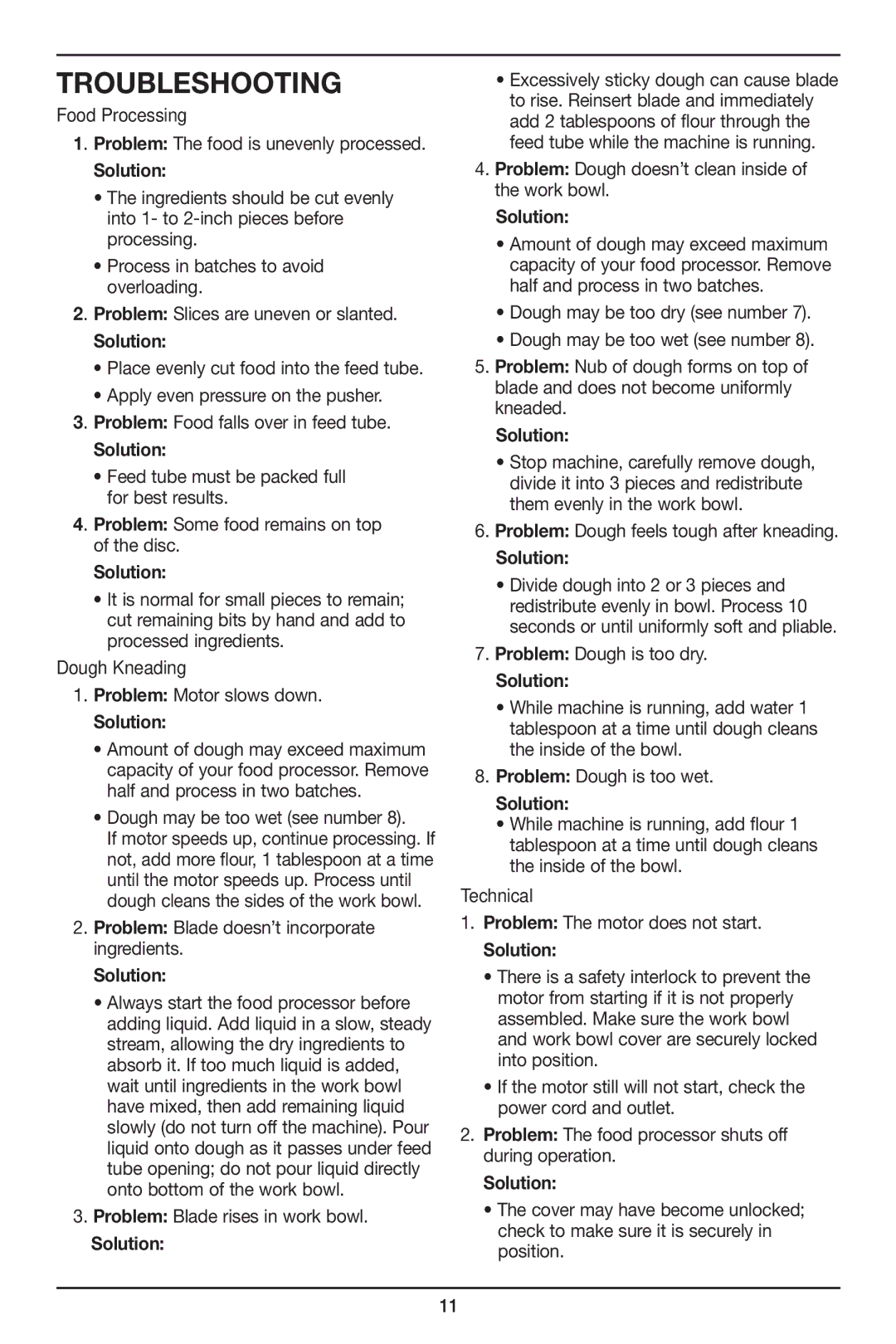 Cuisinart MFP-107 Series manual Troubleshooting, Food Processing 