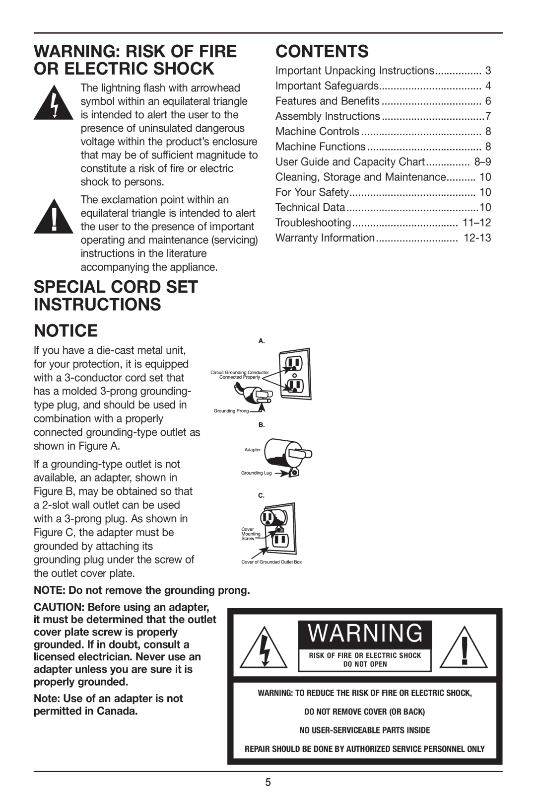 Cuisinart MFP-107 Series manual Contents, Special Cord SET Instructions 