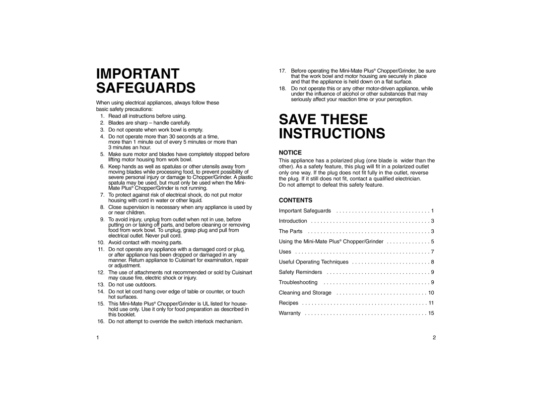 Cuisinart MM-2M warranty Safeguards, Contents 