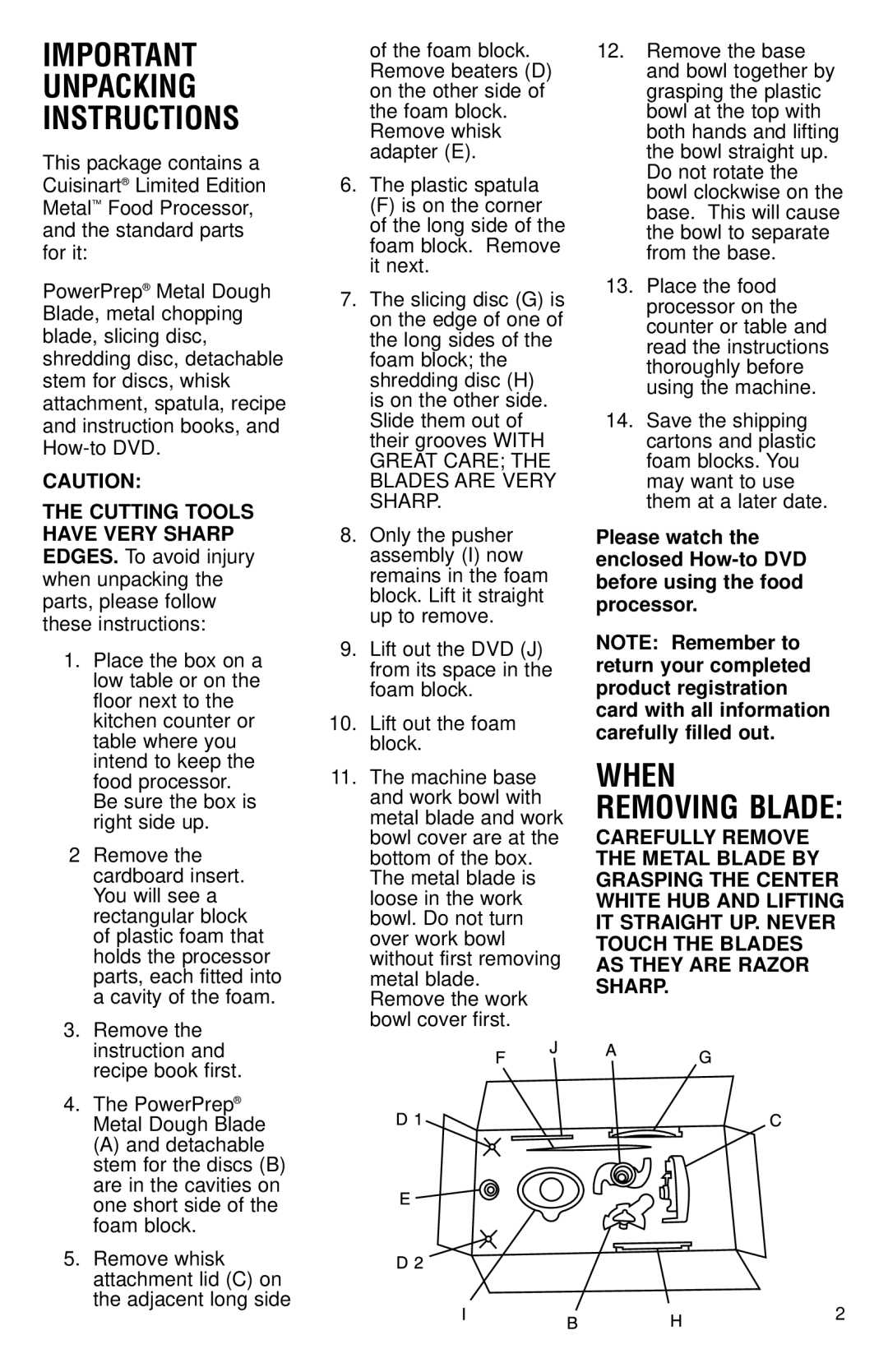 Cuisinart MP-14N Series manual When, Removing Blade, Important Unpacking Instructions 