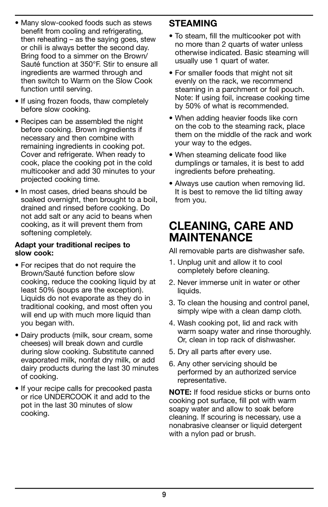 Cuisinart MSC-600 manual CLEANING, Care and Maintenance, Adapt your traditional recipes to slow cook 