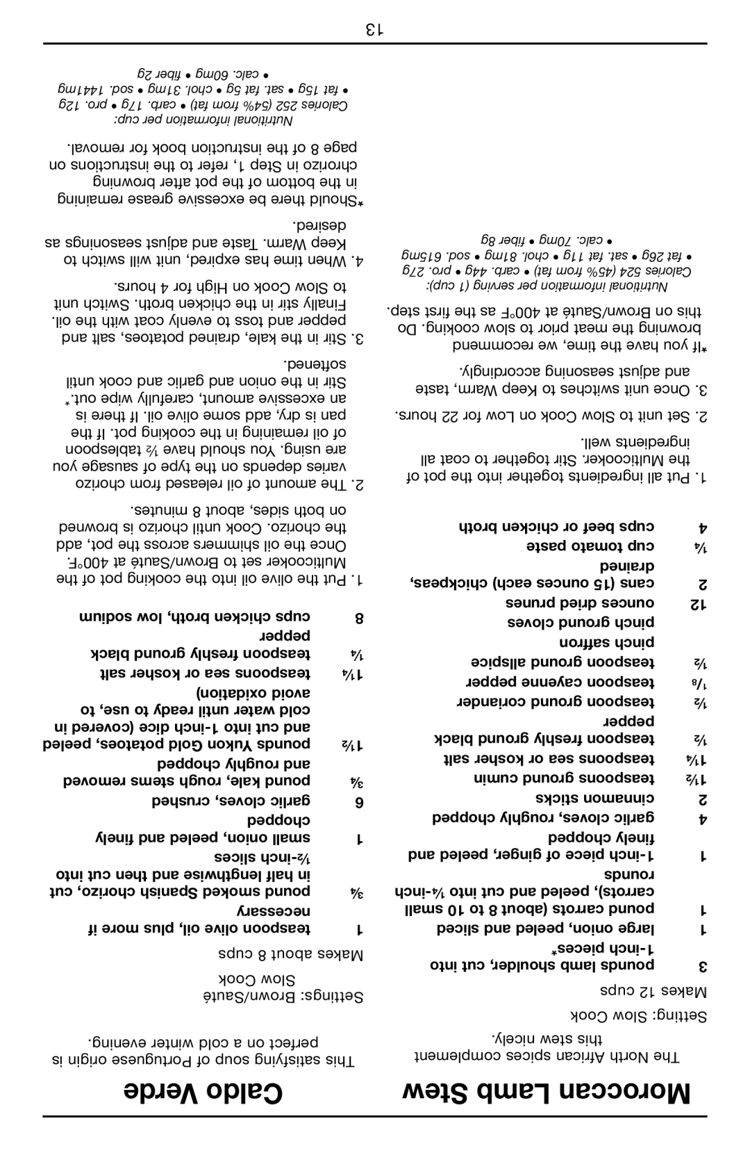 Cuisinart MSC-600 manual Verde Caldo, Stew Lamb Moroccan 