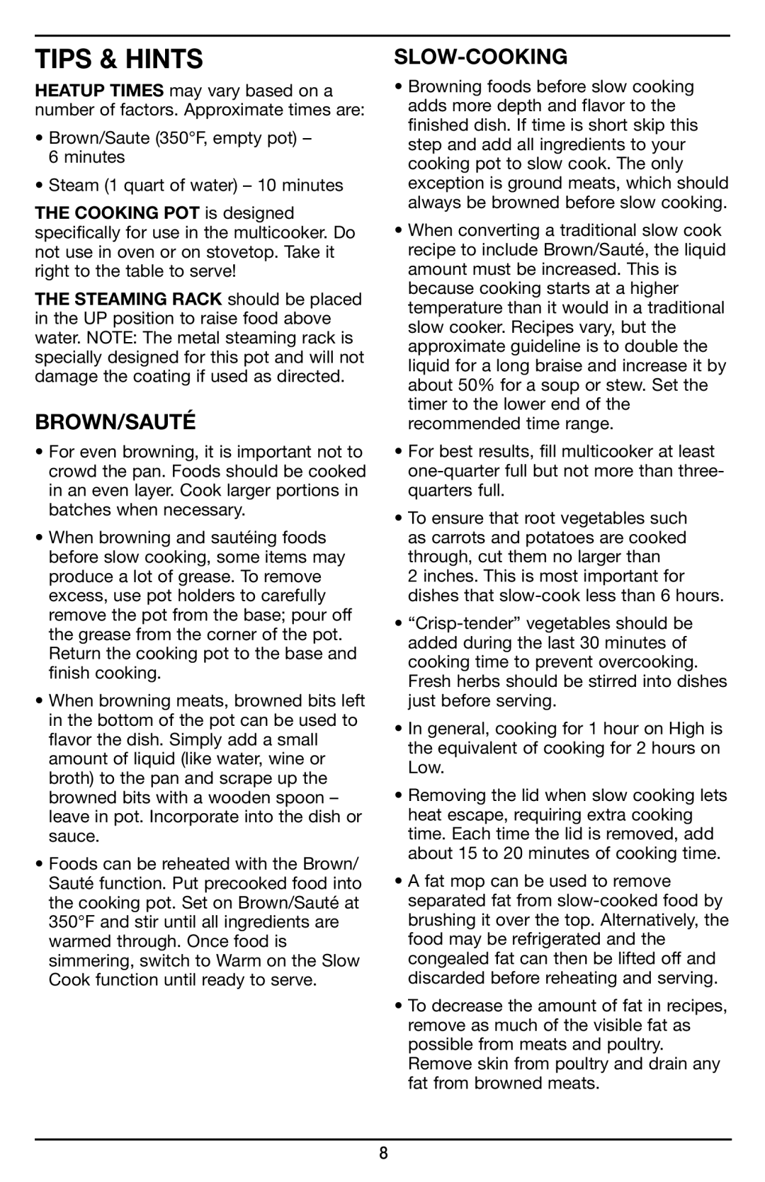 Cuisinart MSC-600 manual Tips & Hints, Slow-Cooking 