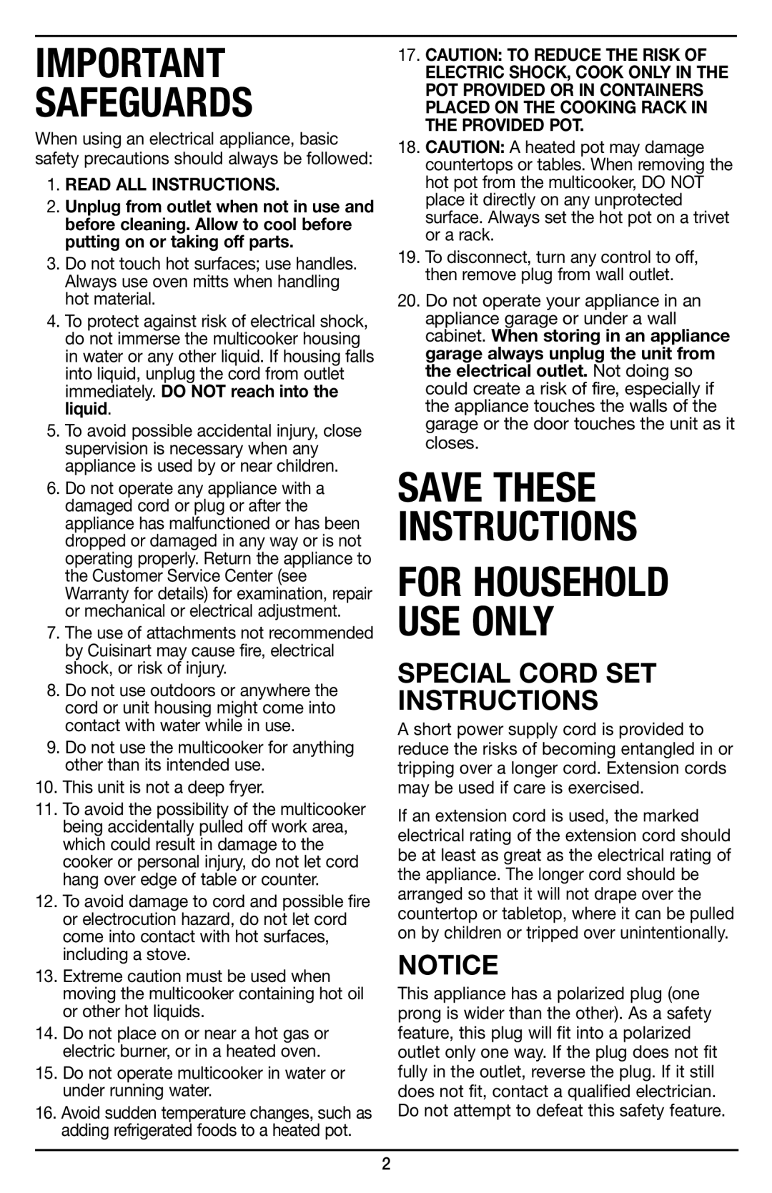 Cuisinart MSC-600 manual Special Cord Set Instructions, Safeguards, Save These Instructions, For Household Use Only 