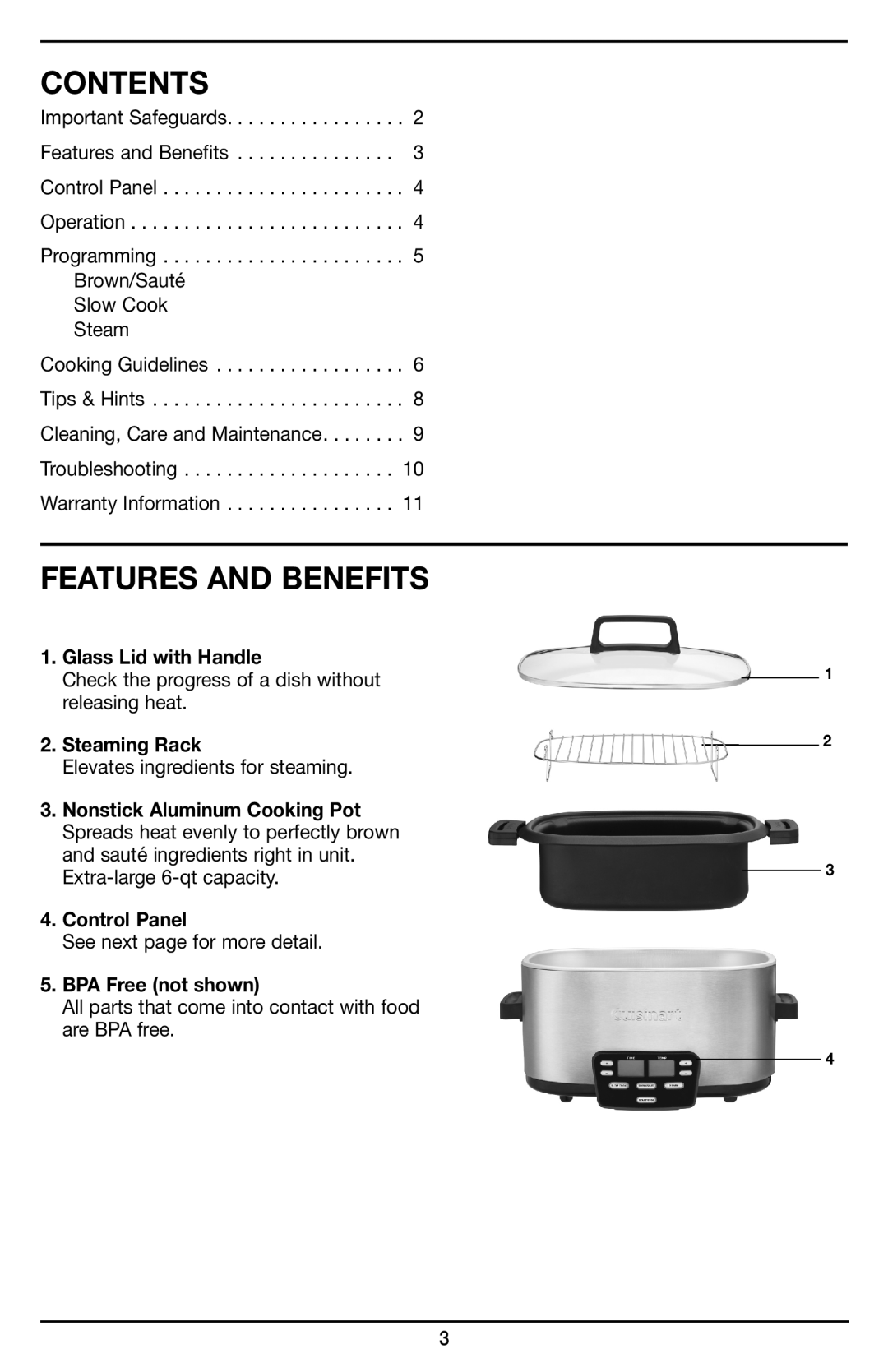 Cuisinart MSC-600 manual Contents, Features And Benefits 