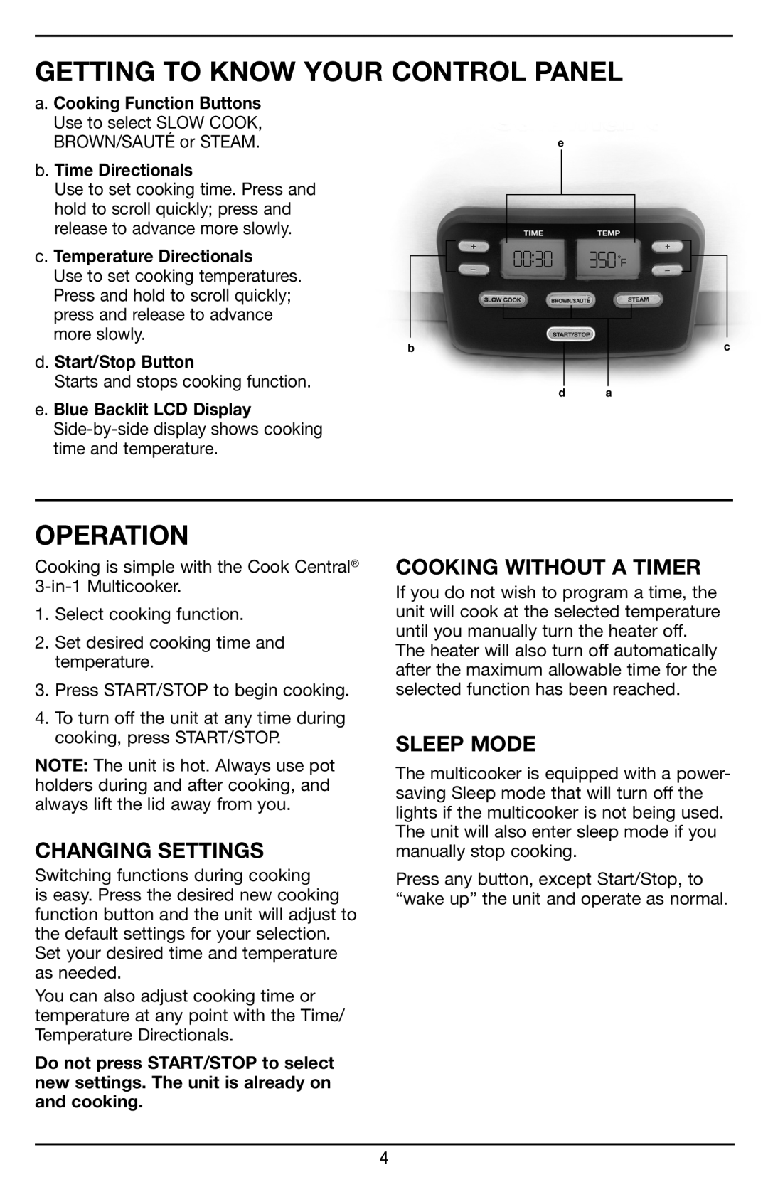 Cuisinart MSC-600 Getting To Know Your Control Panel, Operation, Changing Settings, Cooking Without A Timer, Sleep Mode 
