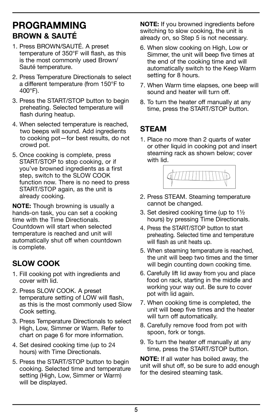 Cuisinart MSC-600 manual Programming, Brown & Sauté, Slow Cook, Steam 