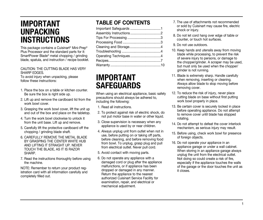 Cuisinart N DLC2AL IB-5719C-ESP, DLC-2A Series manual Unpacking Instructions, Table of Contents 