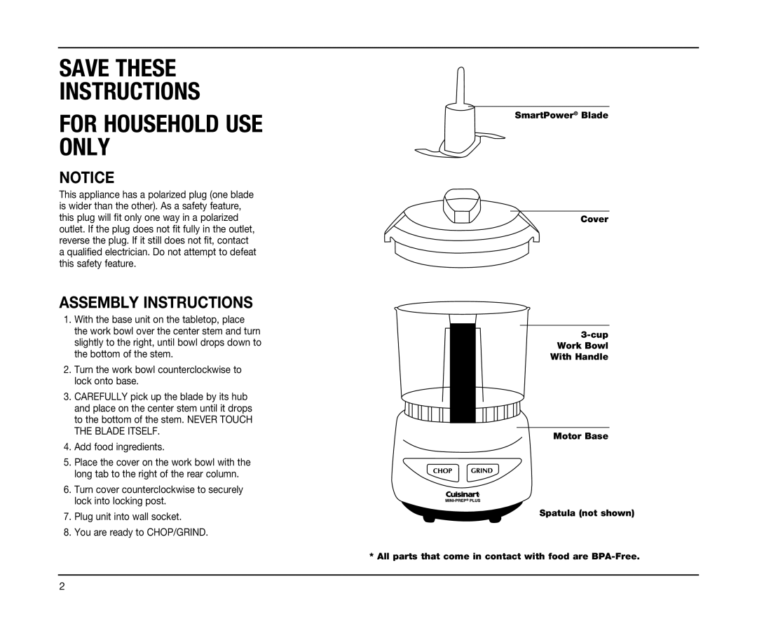 Cuisinart DLC-2A Series, N DLC2AL IB-5719C-ESP manual For Household USE only, Assembly Instructions 