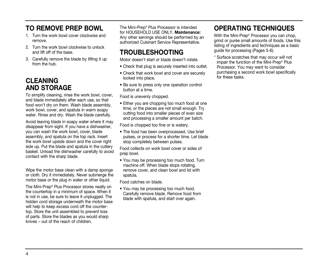 Cuisinart N DLC2AL IB-5719C-ESP manual To Remove Prep Bowl, Cleaning Storage, Troubleshooting, Operating Techniques 