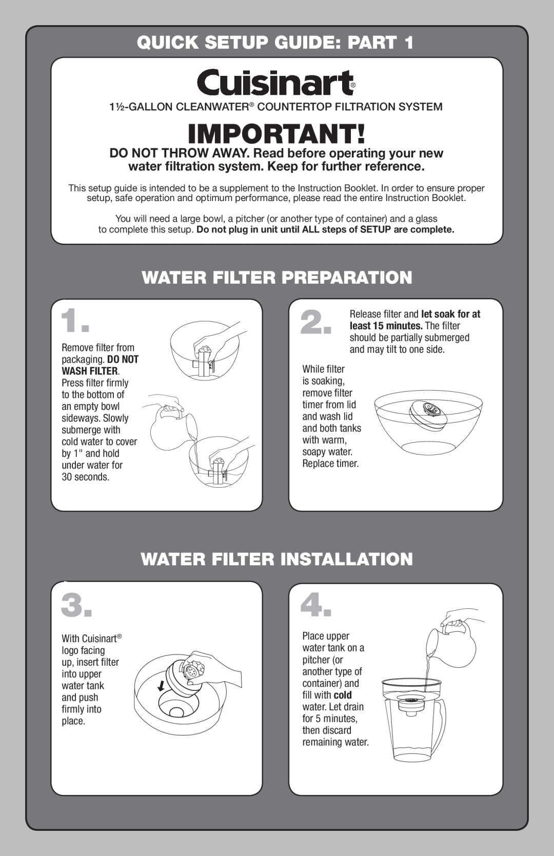 Cuisinart PG-24576 setup guide Quick Setup Guide Part, Water Filter Preparation, Water Filter Installation 