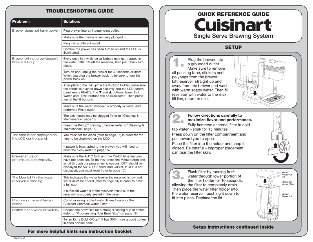 Cuisinart PG-25144C manual Single Serve Brewing System, Troubleshooting Guide, Setup instructions inside 