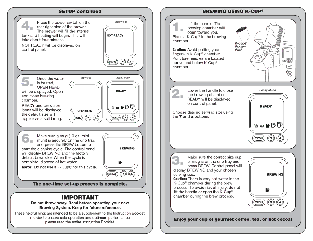 Cuisinart PG-25144C manual Setup, Brewing Using K-CUP, One-time set-up process is complete, Open Head 