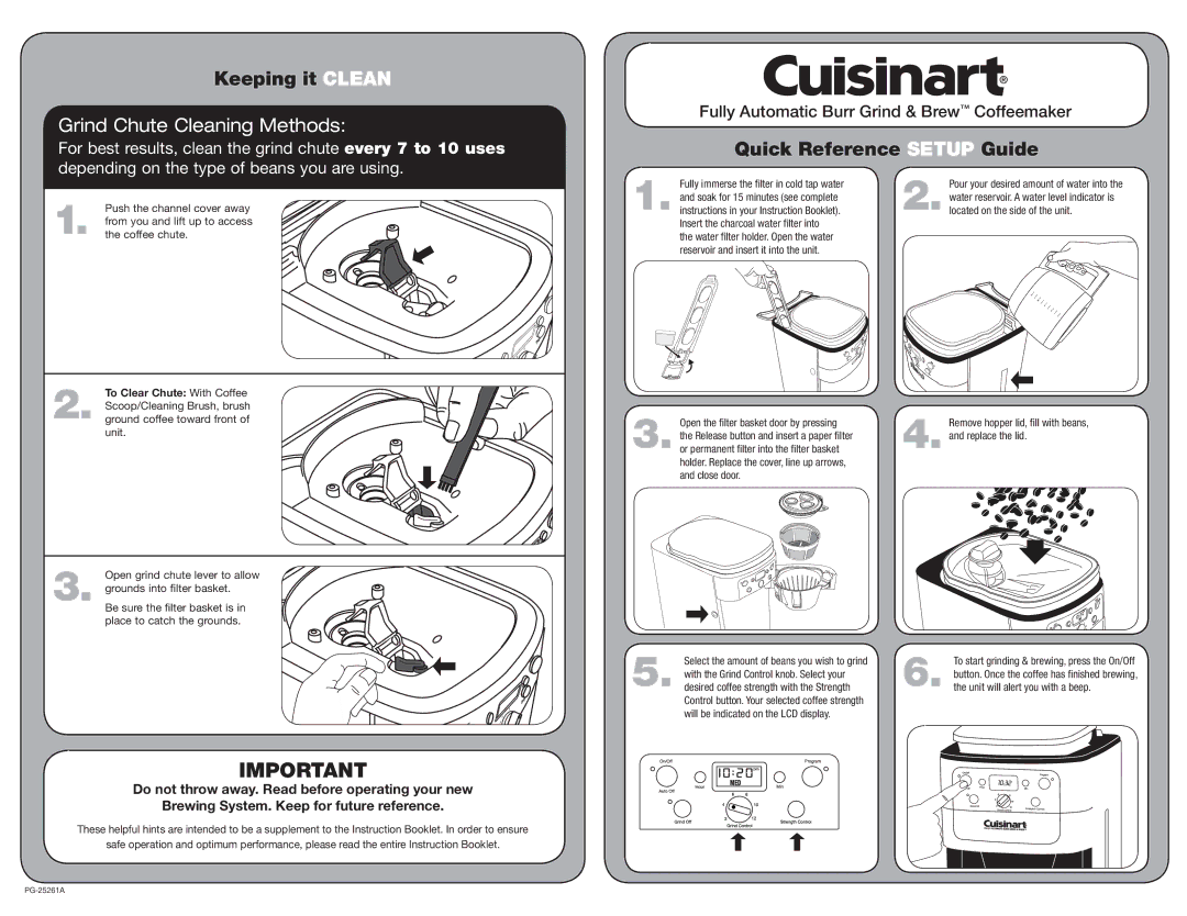 Cuisinart PG-25261A setup guide Keeping it Clean, Grind Chute Cleaning Methods, Quick Reference Setup Guide 